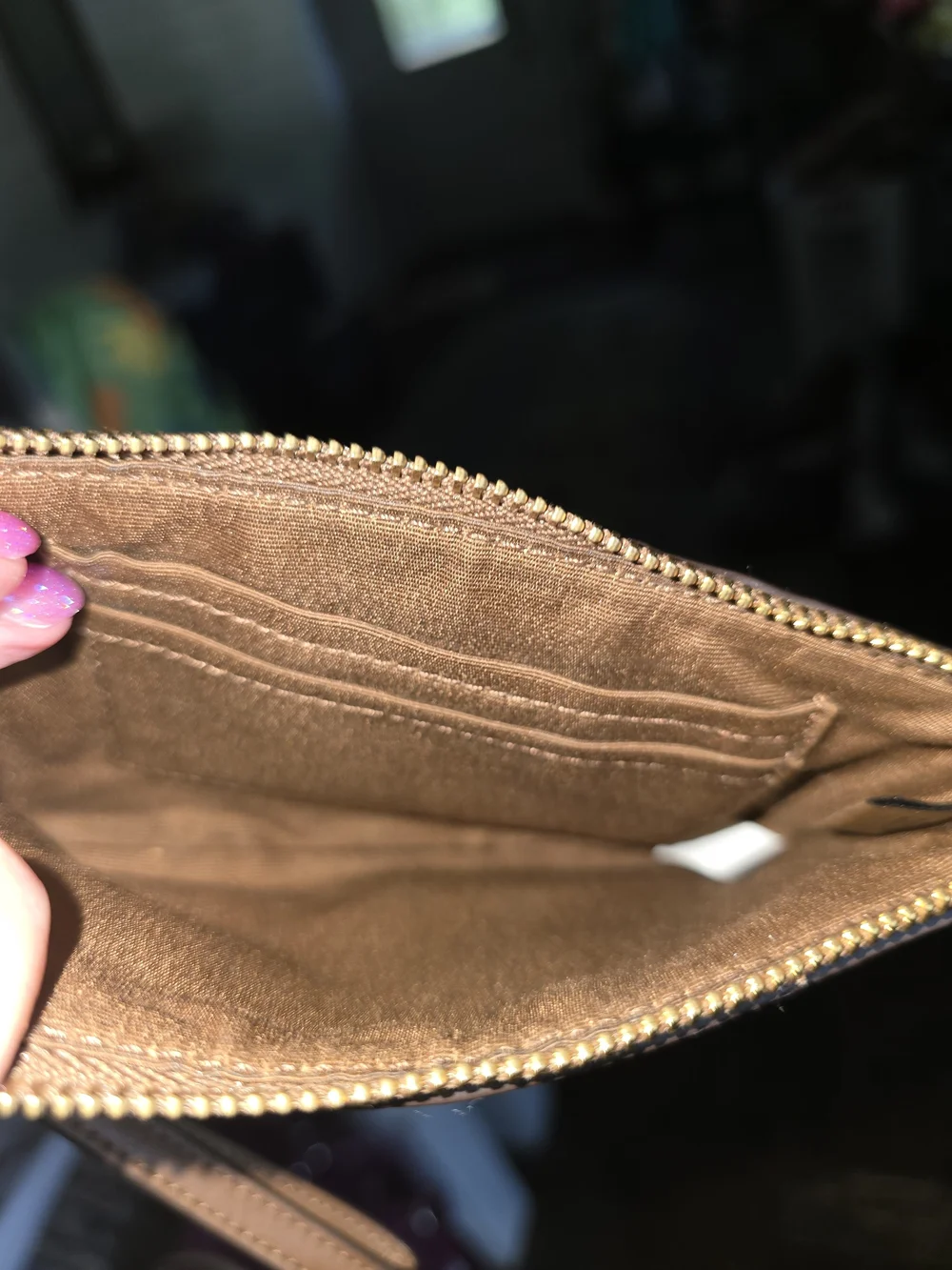 Coach Brown Signature Canvas Wristlet with Leather Trim
